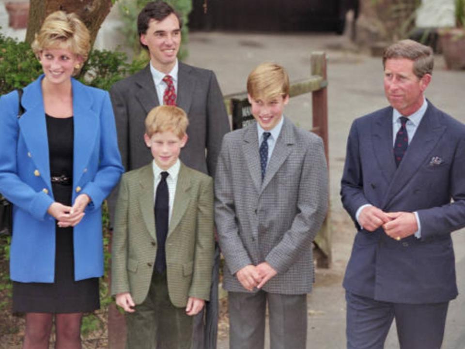 Prince William’s first day at Eton College, with his mother, Diana, brother Harry and father Charles (Getty Images)