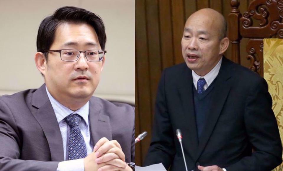 台灣民主基金會今召開董事會確認韓國瑜(右)董事長一職，但韓提名執行長盧業中(左)一案經決議擱置。（資料照）