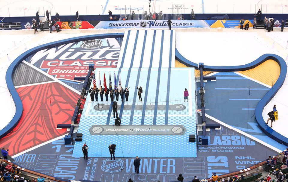 <p>ST LOUIS, MO – JANUARY 02: Trumpeter Spencer Ludwig plays the National Anthem with the U.S. Military Honoer Guard standing onstage prior to the 2017 Bridgestone NHL Winter Classic at Busch Stadium on January 2, 2017 in St Louis, Missouri. (Photo by Jared Silber/NHLI via Getty Images) </p>