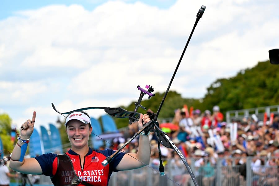 PARIS, FRANCE – AUGUST 20: Casey Kaufhold of the United States of America reacts after winning the Women’s recurve finals during the 2023 Hyundai Archery World Cup on August 20, 2023 in Paris, France. (Photo by Aurelien Meunier/Getty Images)