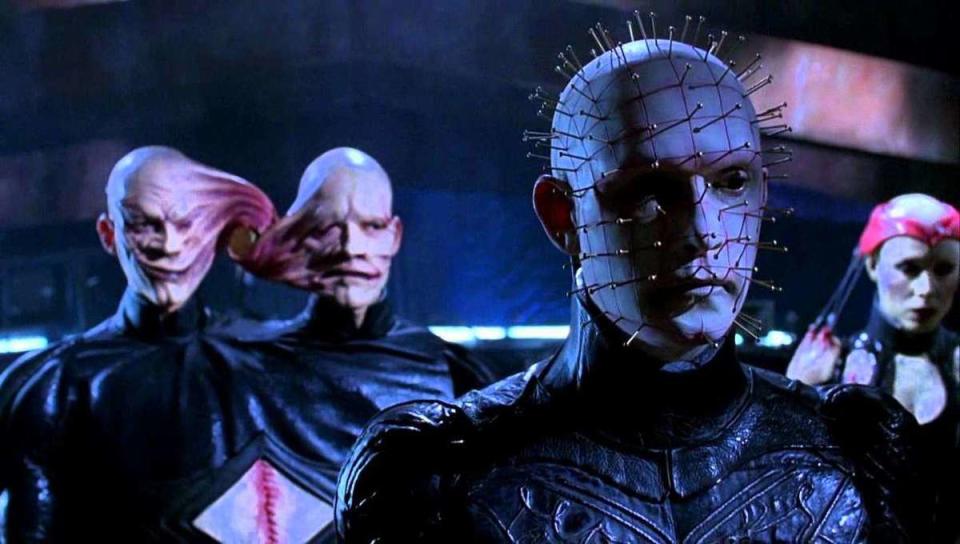 A still from Hellraiser: Bloodline shows Pinhead and the Cenobites standing on a space station