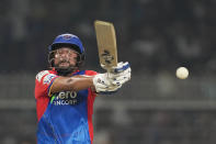 Delhi Capitals' Kuldeep Yadav plays a shot during the Indian Premier League cricket match between Delhi Capitals and Kolkata Knight Riders in Kolkata, India, Monday, April 29, 2024. (AP Photo/Bikas Das)