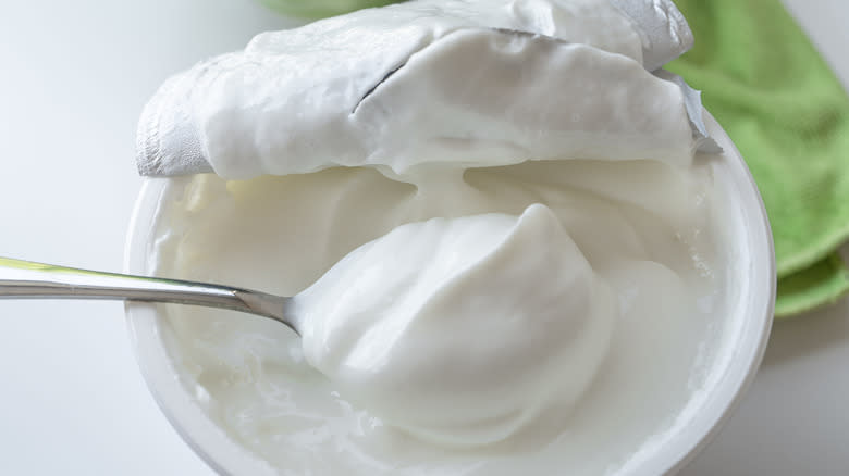 spoon of creamy greek yogurt