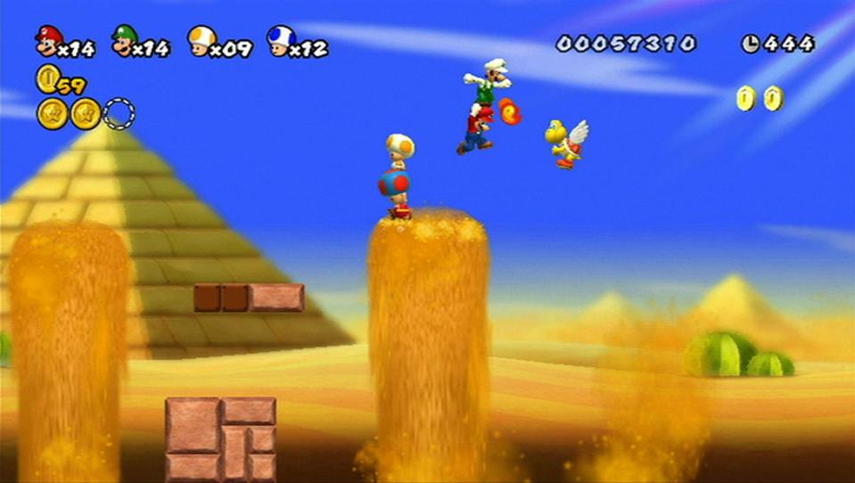 2009: Marios klassische 2D-Abenteuer wurden für die Wii aufgehübscht. Unter dem Namen "New Super Mario Bros." sorgen neue Looks und neue Level für Kurzweil. Erstmals in der Geschichte der Reihe konnten im Multiplayer-Modus bis zu vier Freunde mit- oder gegeneinander spielen. (Bild: Nintendo)