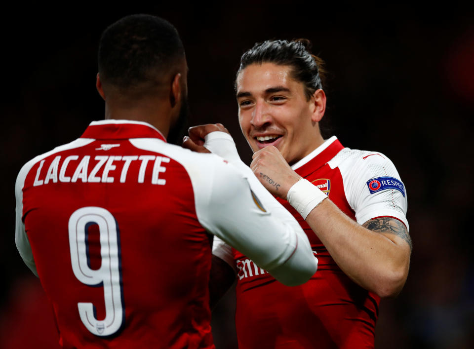 <p>Soccer Football – Europa League Semi Final First Leg – Arsenal vs Atletico Madrid – Emirates Stadium, London, Britain – April 26, 2018 Arsenal’s Alexandre Lacazette celebrates with Hector Bellerin after scoring their first goal REUTERS/Eddie Keogh </p>