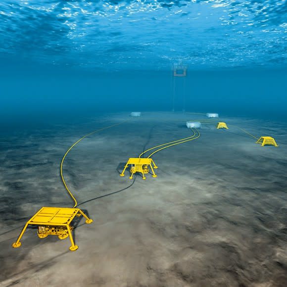 Yellow sensor units placed in shallow water on the ocean floor.