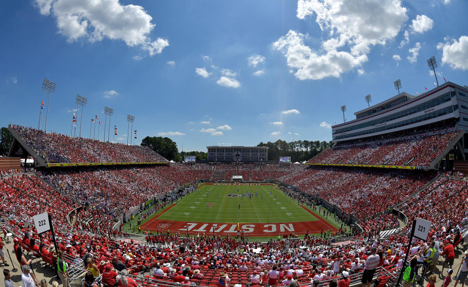 RALEIGH, NORTH CAROLINA - AUGUST 31: General view of the game between the North Carolina State Wolfpack and the East Carolina Pirates at Carter-Finley Stadium on August 31, 2019 in Raleigh, North Carolina. (Photo by Grant Halverson/Getty Images)