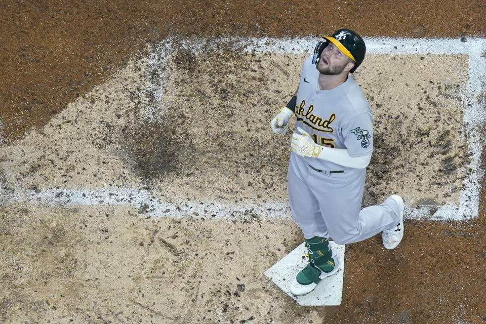 FILE - Oakland Athletics' Seth Brown reacts after hitting a three-run home run during the fourth inning of a baseball game against the Milwaukee Brewers Sunday, June 11, 2023, in Milwaukee. San Francisco Giants star Joc Pederson is scared to fly. Brown of the Athletics, too. (AP Photo/Morry Gash, File)
