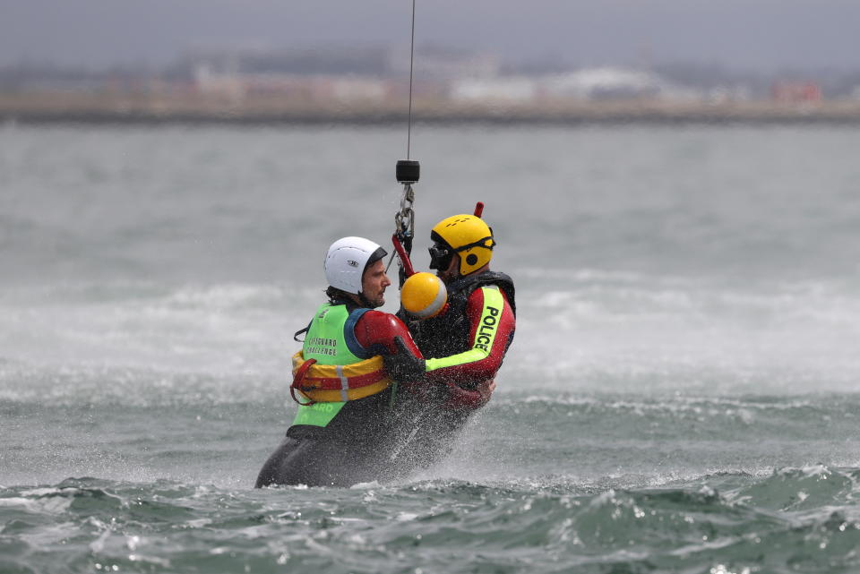 New South Wales Police Force and Surf Life Saving Australia personnel participate in an emergency management rescue exercise at Botany Bay hosted by the Sydney Airport, including simulation of an aircraft crash over water, in Sydney, Australia.