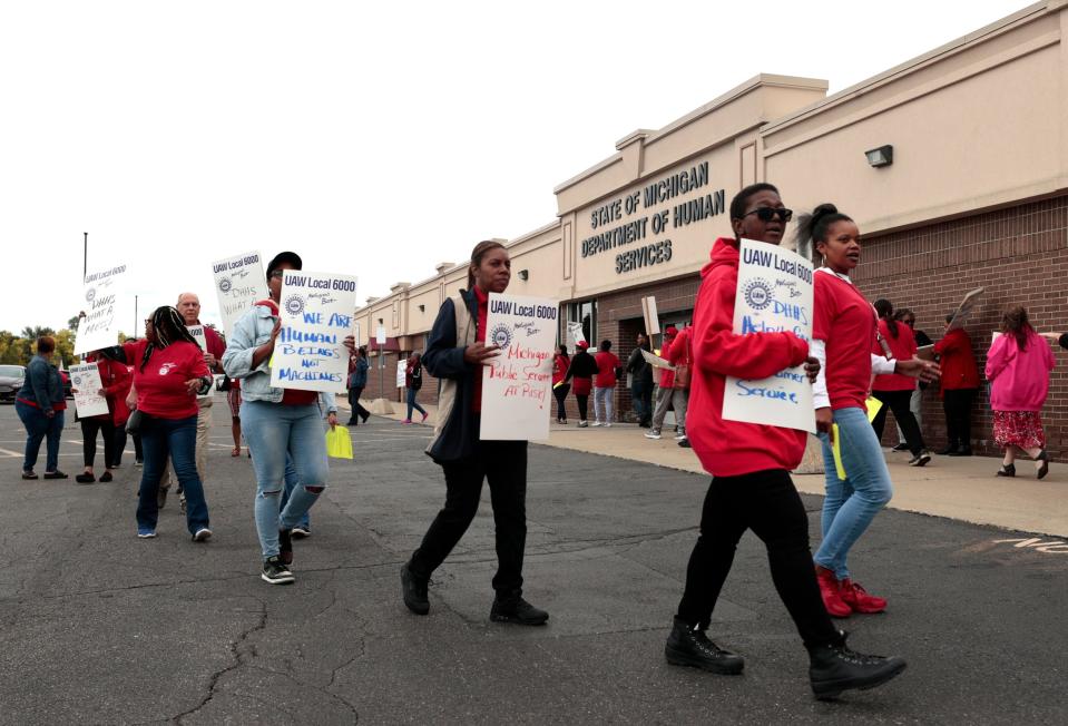 Some of the forty Michigan Department of Health & Human Services workers picketed in front of the DHHS office on Conner Avenue in Detroit on Wednesday, September 27, 2023. They were participating in an Informational Picket to bring more attention to their caseloads that are out of control and workers being overworked.