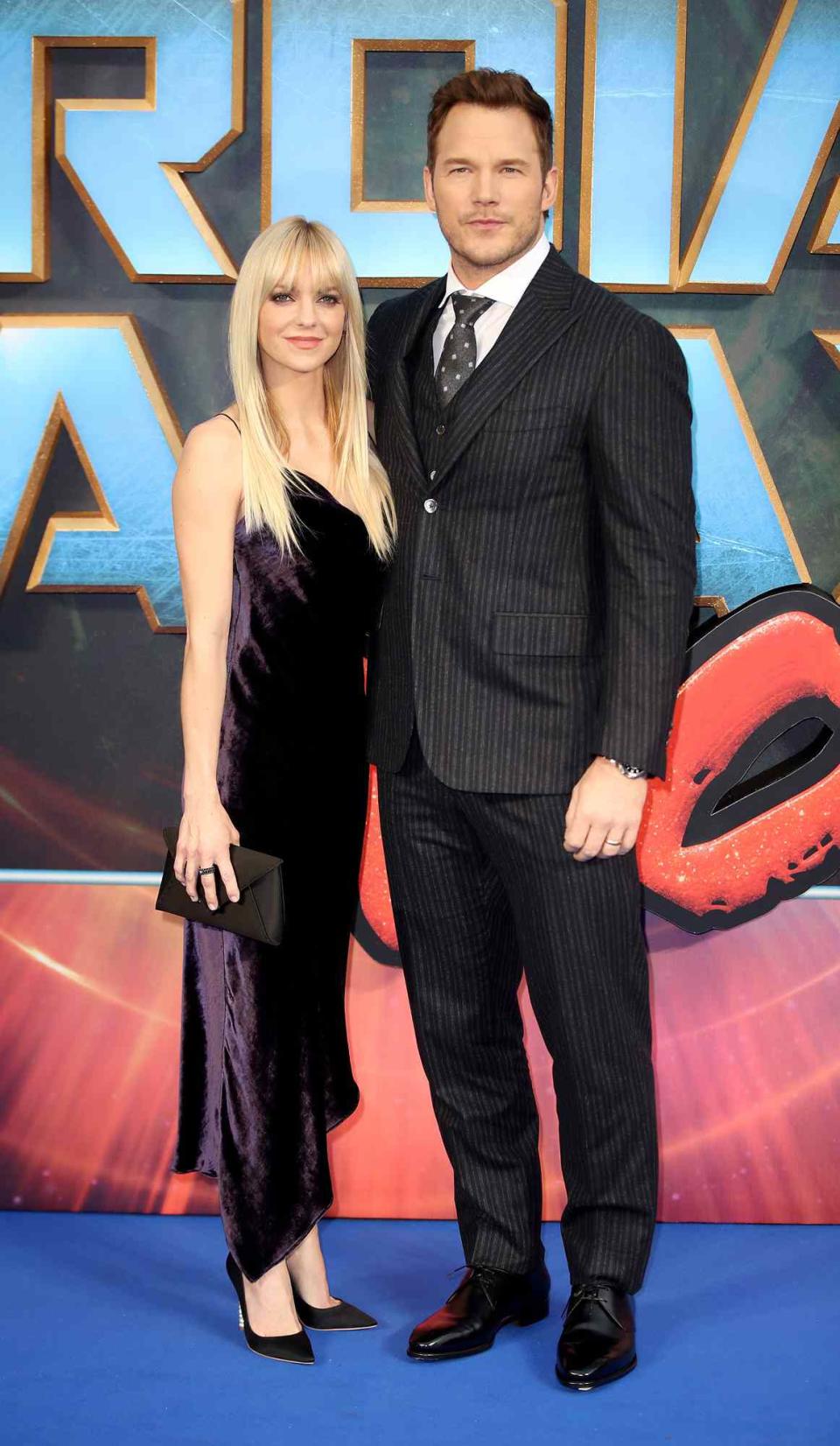 Chris Pratt (R) and his wife actress Anna Faris attend the UK screening of "Guardians of the Galaxy Vol. 2" at Eventim Apollo on April 24, 2017 in London, United Kingdom