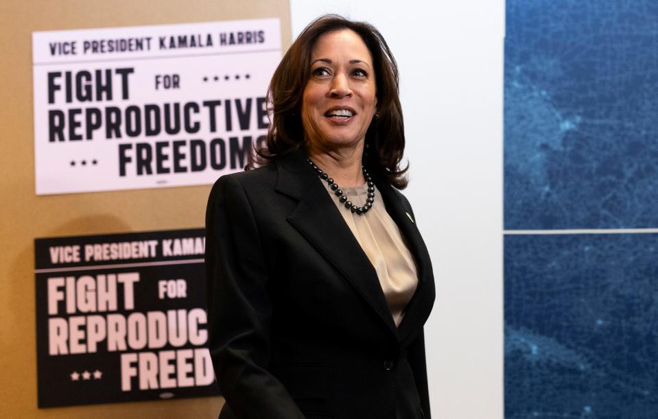 US Vice President Kamala Harris arrives to speak during her visit to a Planned Parenthood clinic in Saint Paul, Minnesota, on March 14, 2024.