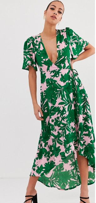 Missguided plunge wrap front midi dress in green tropical palm print - $64 currently on sale for $28.50