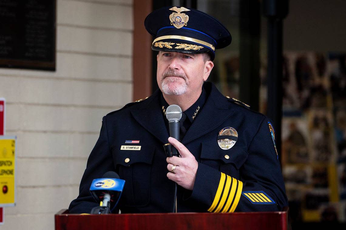 Merced Police Chief Steven Stanfield speaks during an annual ceremony to honor fallen Merced Police officer Stephan Gray at the Merced Police Station in Merced, Calif., on Monday, April 15, 2024. Gray was shot and killed in the line of duty on April 15, 2004.