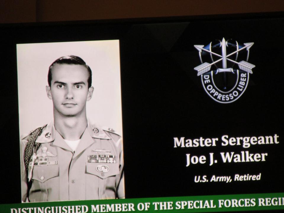 Retired Master Sgt. Joe Walker as a distinguished member of the special forces regiment during a Nov. 4, 2021, ceremony at Fort Bragg.