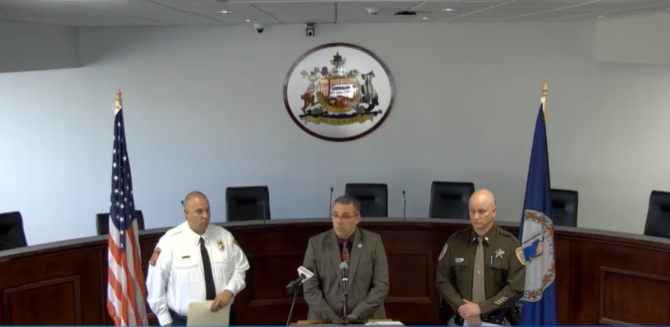 Bradley Beam, Amherst School Superintendent William Wells and Lieutenant Dallas Hill all spoke at a press conference on Wednesday (Amherst County/Facebook)