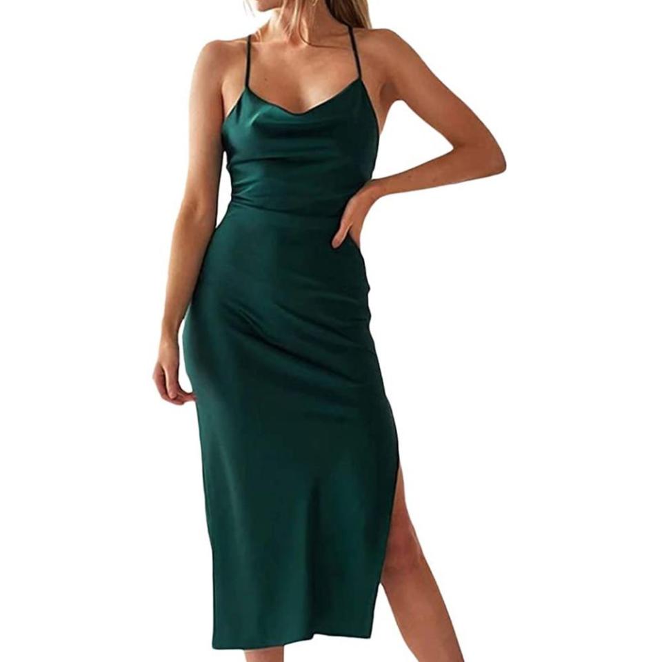 11) Sleeveless Spaghetti Strap Satin Dress