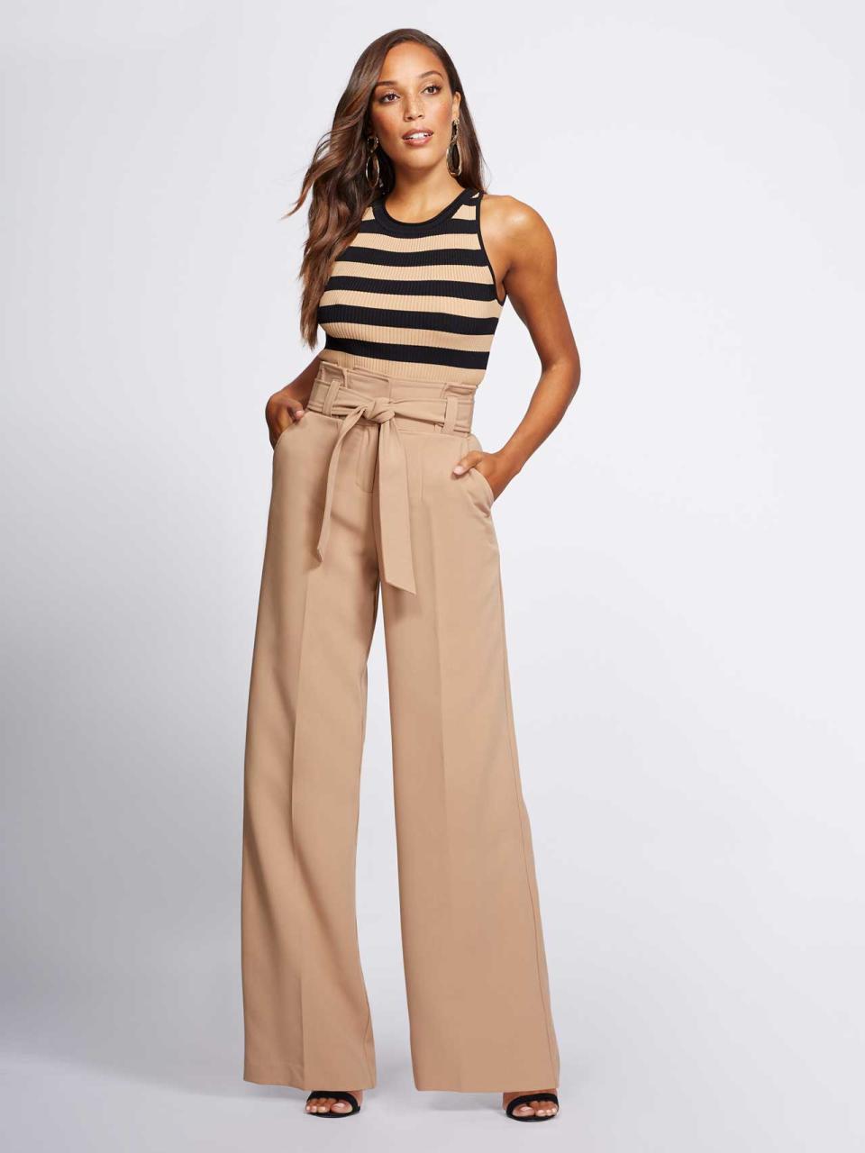 A striped tank top and wide-leg trousers make a casual yet put-together look. (Photo: Courtesy of New York & Company)