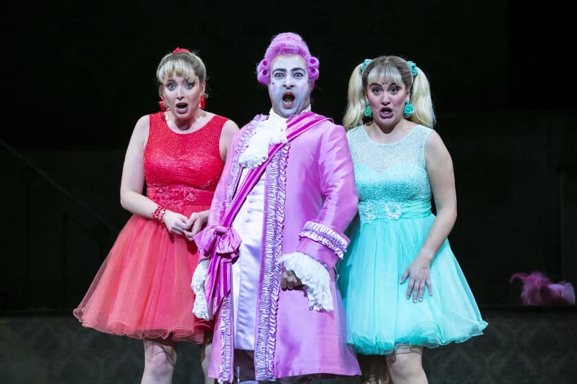 Los Angeles, CA, Thursday, November 18, 2021 - Clorinda (Erica Petrocelli), Dandini (Rodion Pogossov) and Tisbe (Gabriela Flores) perform at a dress rehearsal of LA Opera production of La Cenerentola at Dorothy Chandler Pavilion. (Robert Gauthier/Los Angeles Times)