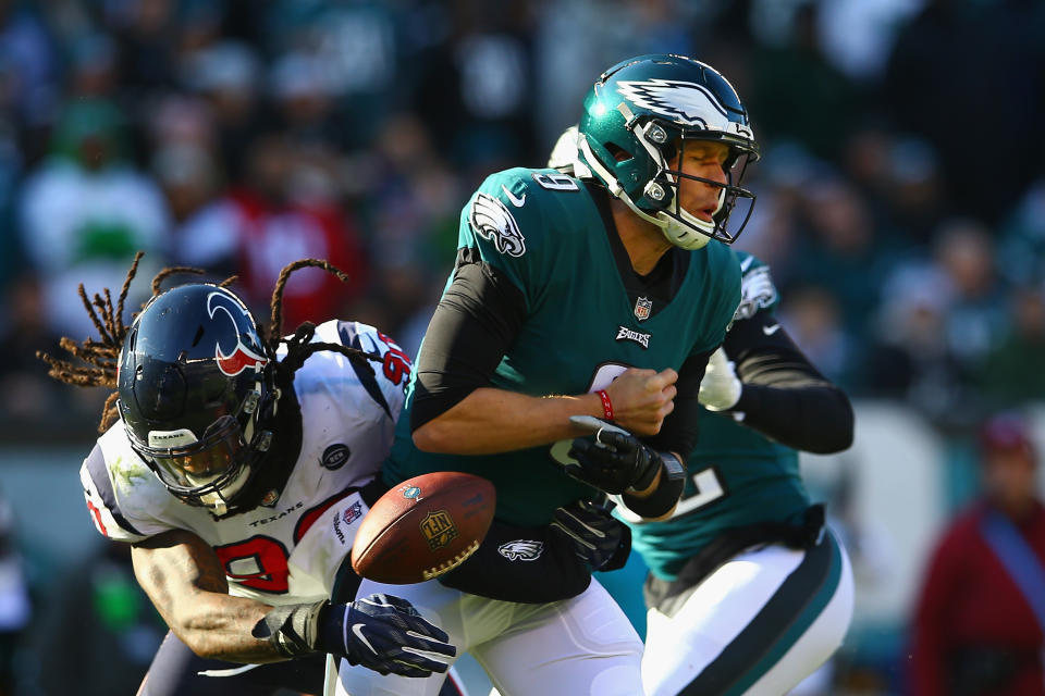 Jadeveon Clowney of the Texans made life miserable for Nick Foles of the Eagles. (Getty)