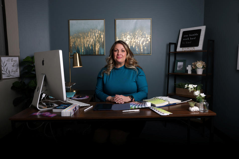 Web designer Lorie Smith, plaintiff in a Supreme Court case who objects to same-sex marriage, poses for a portrait at her office in Littleton, Colorado, U.S., November 28, 2022.   REUTERS/Kevin Mohatt