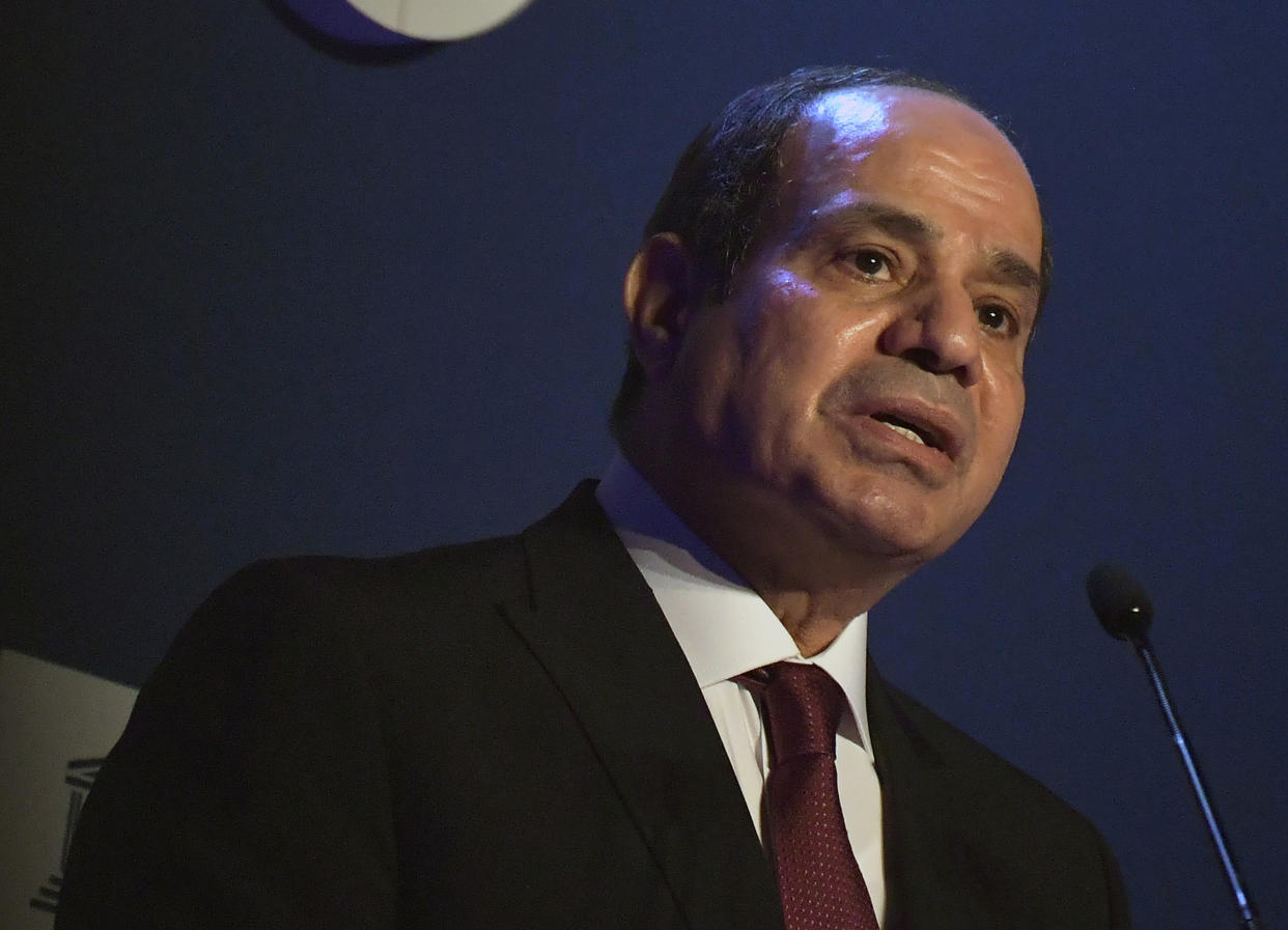 FILE - Egyptian President Abdel-Fattah el-Sissi delivers his speech during celebrations marking the 75th anniversary of the United Nations Educational, Scientific and Cultural Organization (UNESCO) at the UNESCO headquarters in Paris Friday Nov. 12, 2021. The Biden administration on Tuesday, Jan. 25, 2022, approved a massive $2.5 billion arms sale to Egypt despite ongoing concerns over human rights. (Julien de Rosa, Pool Photo via AP)