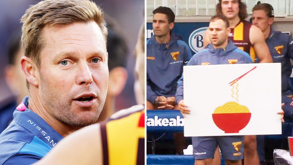 Sam Mitchell, pictured here alongside Hawthorn's noodles sign.