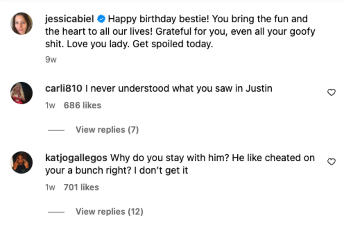 Jessica Biel's Instagram comments<p>@jessicabiel/Instagram</p>