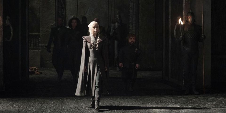 Daenerys Targaryen, Grey Worm, Missandei and Tyrion Lannister