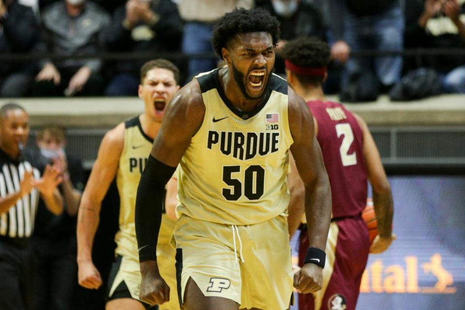 Purdue forward Trevion Williams (50) reacts to a block during the second half against Florida State at Mackey Arena in West Lafayette.