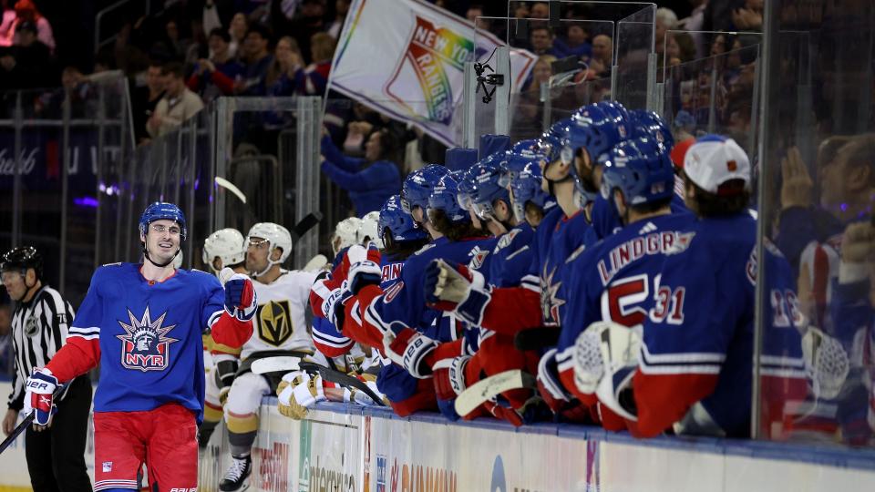 The New York Rangers are drawing criticism for reneging on plans to wear Pride-themed warmup jerseys before their game against the Vegas Golden Knights on Friday. (Getty Images)