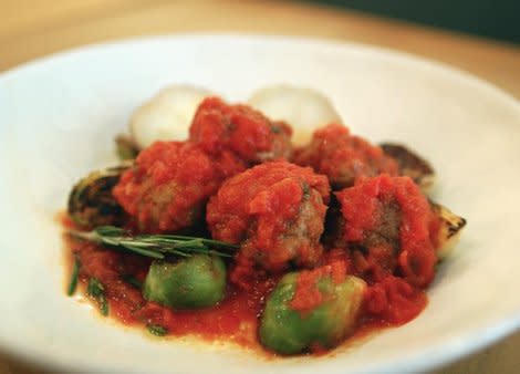 Try a little smoked paprika in your lamb meatballs to freshen up your pasta (Brussels sprouts, pictured, are optional).