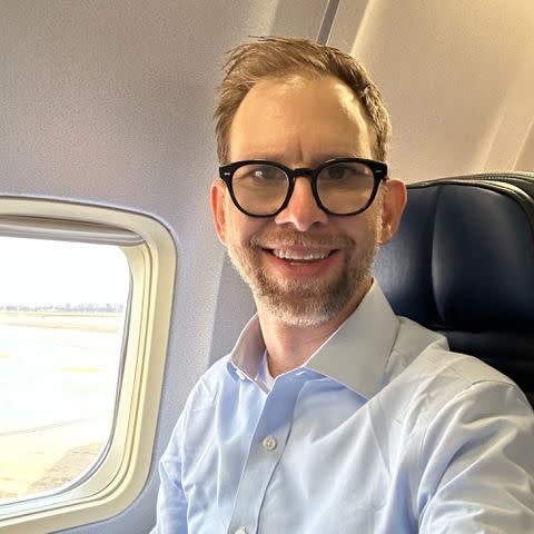 <p>Michael Kutcher Instagram</p> Ashton Kutcher's twin brother Michael takes a selfie on a plane.