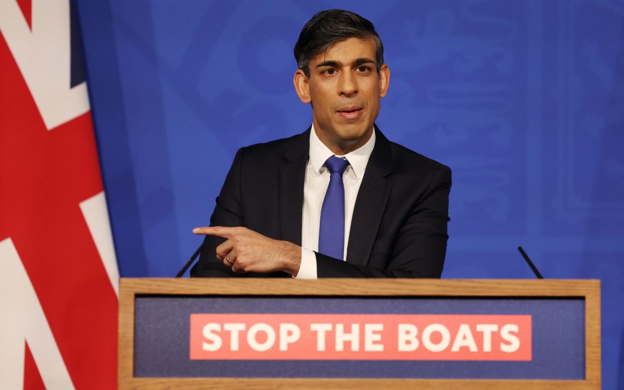 British Prime Minister Rishi Sunak speaks to the media during a press conference at Downing Street in London, Britain, 07 December 2023