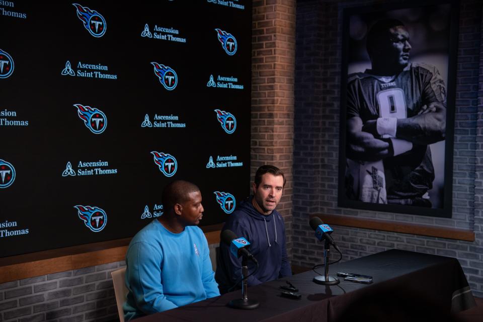 Tennessee Titans Head Coach Brian Callahan, right, fields questions with new Defensive Coordinator Dennard Wilson at Ascension Saint Thomas Sports Park in Nashville, Tenn., Wednesday, Feb. 14, 2024.