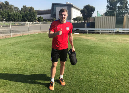 U.S. Men's National Team forward Jordan Morris poses for a photo after the first day of winter training camp in Carson, California, U.S., January 11, 2018.. REUTERS/Rory Carroll