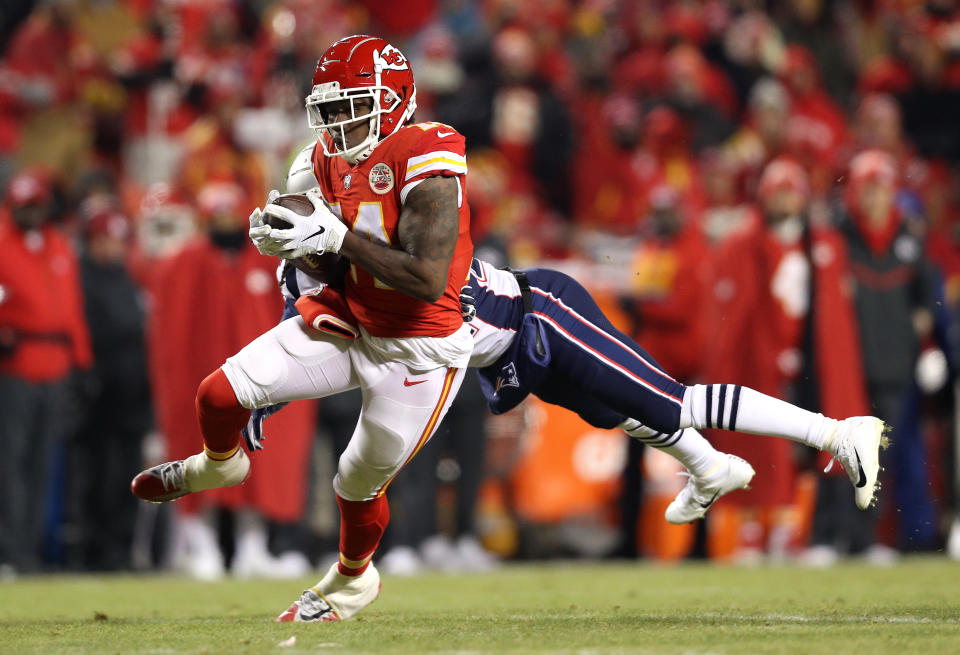 <p>Sammy Watkins #14 of the Kansas City Chiefs catches a pass against Stephon Gilmore #24 of the New England Patriots in the third quarter during the AFC Championship Game at Arrowhead Stadium on January 20, 2019 in Kansas City, Missouri. (Photo by Patrick Smith/Getty Images) </p>