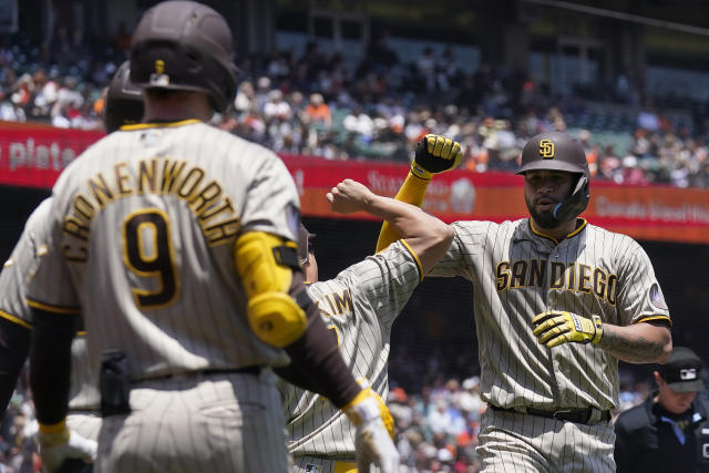 San Diego Padres catcher Gary Sanchez (99) celebrates with pitcher Ray Kerr  after the Padres defeated the San Francisco Giants in a baseball game in  San Francisco, Thursday, June 22, 2023. (AP