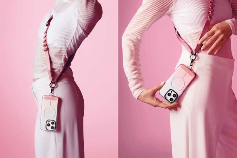  CASETiFY  粉色多功能手機背帶與粉色漸變透明手機殼。
