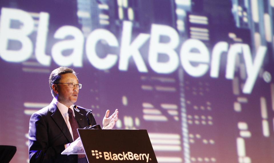 BlackBerry's CEO John Chen delivery his speech during the launch of the new Blackberry Z3 smartphone in Jakarta, Indonesia, Tuesday, May 13, 2014. The Z3 is priced at $200. (AP Photo/Achmad Ibrahim)
