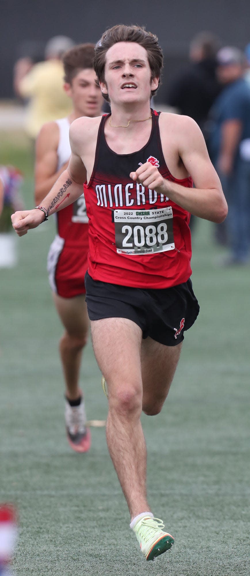 Minerva's Grasyn Rettig heads to the finish line in the Boys Div II Cross Country State Championships at Fortress Obetz and Memorial Park on Saturday in Obetz.