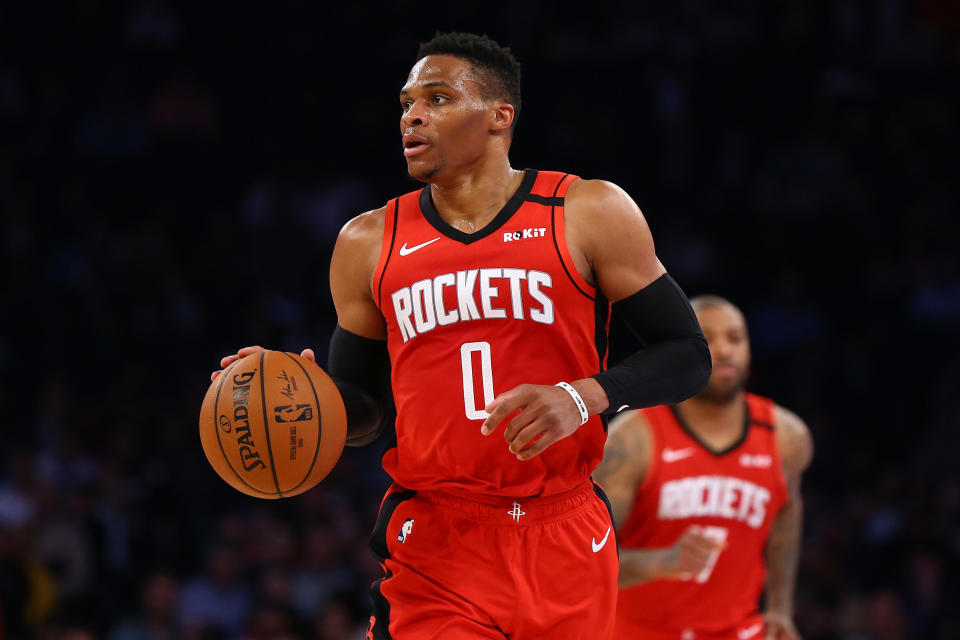 Russell Westbrook in New York City on March 2, 2020.  / Credit: Mike Stobe/Getty