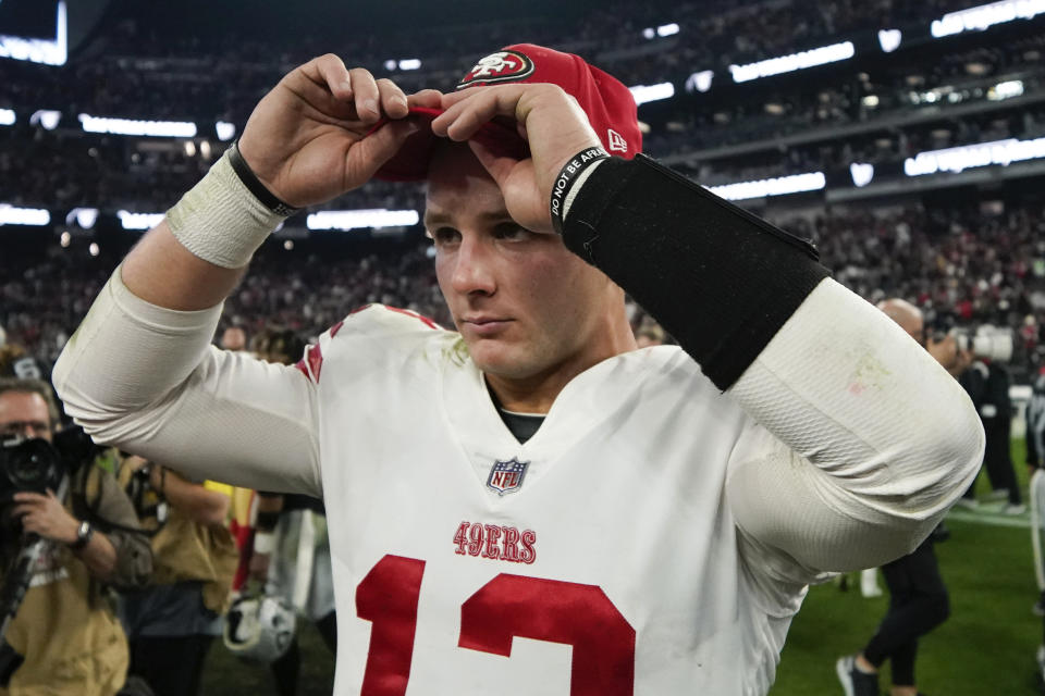 San Francisco 49ers quarterback Brock Purdy (13) leaves the field after their NFL football game against the Las Vegas Raiders, Sunday, Jan. 1, 2023, in Las Vegas. The 49ers defeated the Raiders 37-34 in overtime. (AP Photo/John Locher)