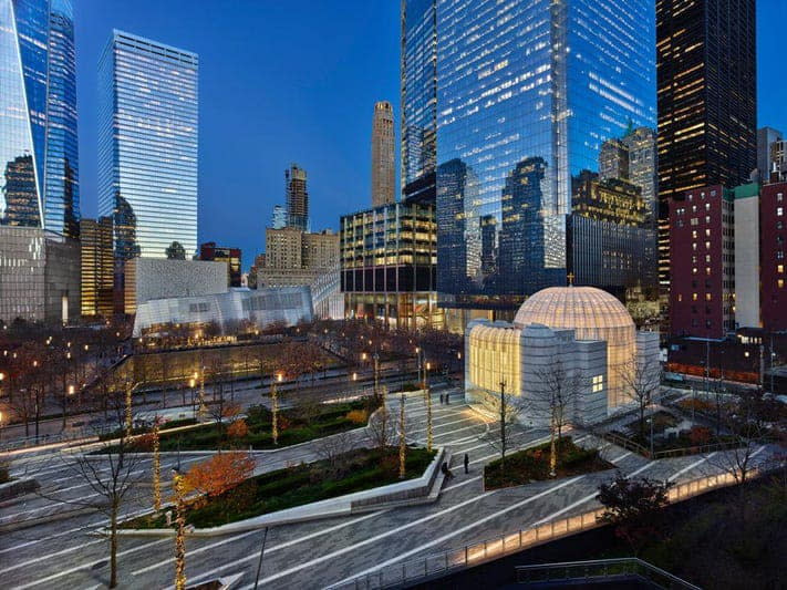 The restored Saint Nicholas Greek Orthodox Church in the context of its World Trade Center plaza location.