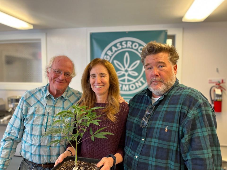 Ben Cohen, Lee Stowell and Chris Walsh (left to right) as seen on April 13, 2023, at Grassroots Vermont in Brandon.