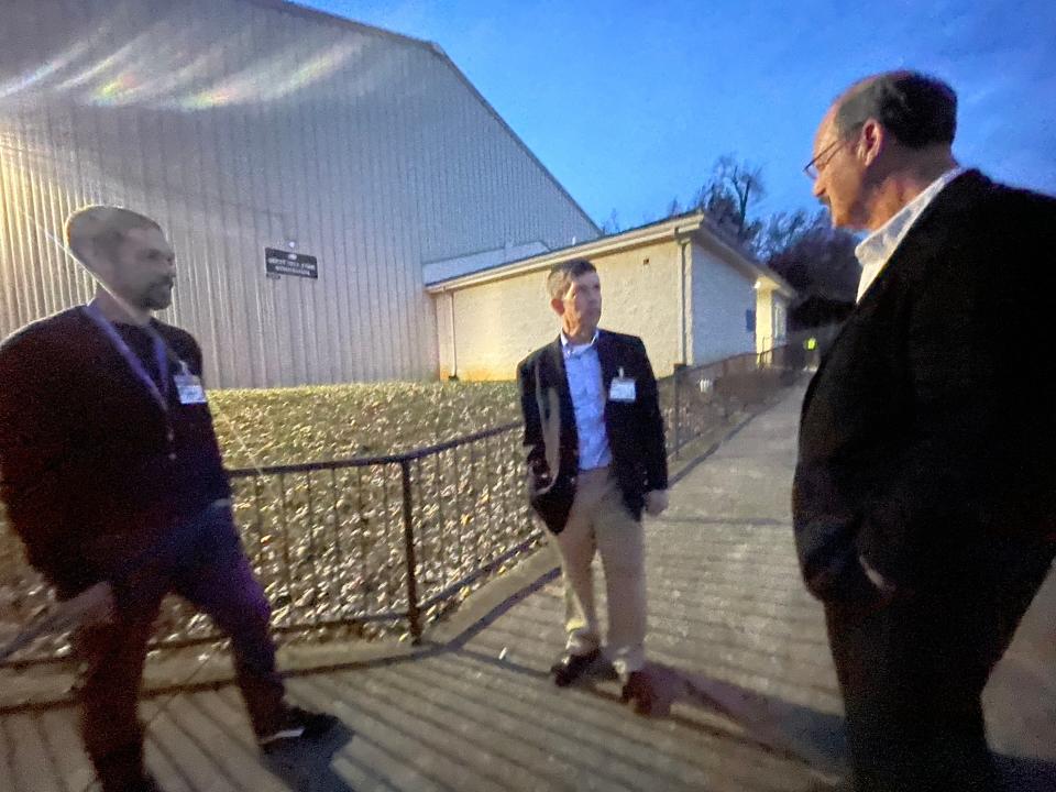 Jason Hochstetler (left), David Klinger (center), and Wilson L. Fauber spoke outside the polls on Nov. 7, 2023 in Staunton.