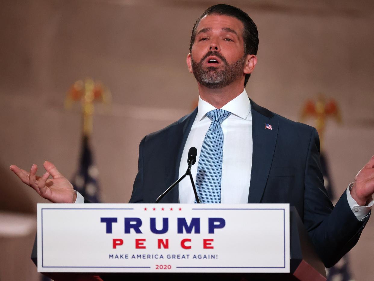 Donald Trump Jr. pre-records his address to the Republican National Convention at the Mellon Auditorium on 24 August 2020 in Washington, DC (Getty Images)