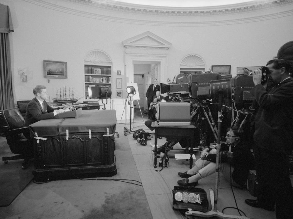 President John F. Kennedy addressing the nation from the Oval Office in 1962.