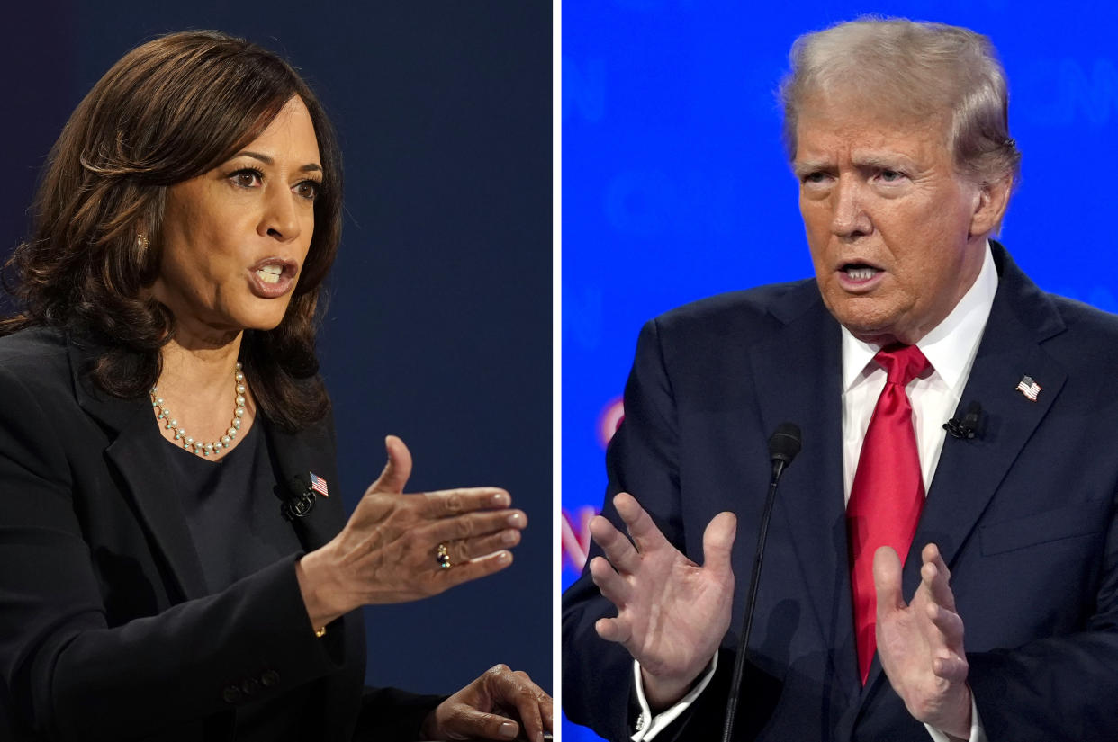 Two photos of Kamala Harris and Donald Trump on different debate stages.