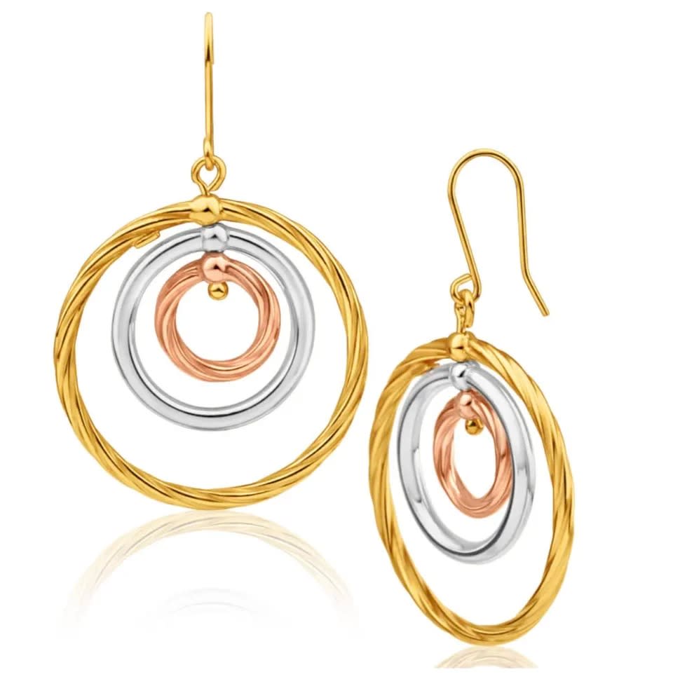 9ct Yellow Gold, Silver-Filled Three Tone Three Circle Drop Earrings